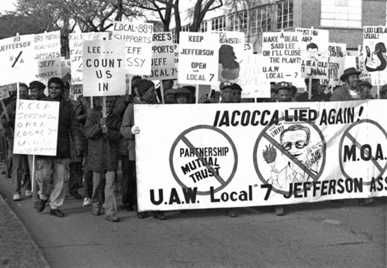Chrysler Arbeiter protestieren gegen Fabrikschließungen und Lohnzugeständnisse 1980
