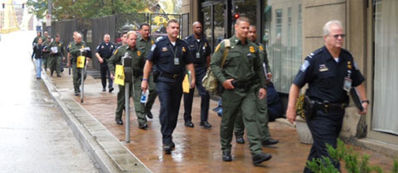 A group of board patrol agents patrol the streets of Pittsburgh