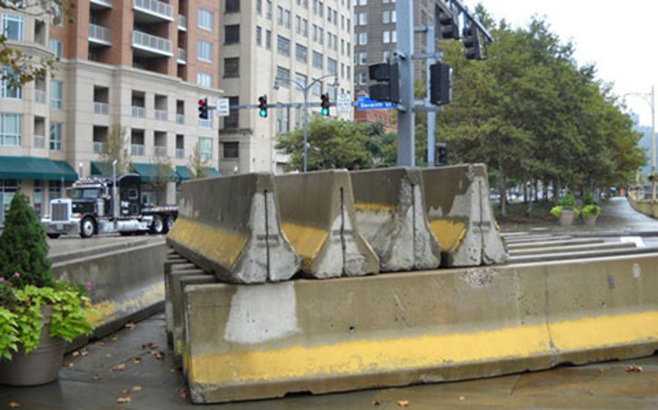 Concrete barriers have been placed throughout the city in front of building and blocking streets
