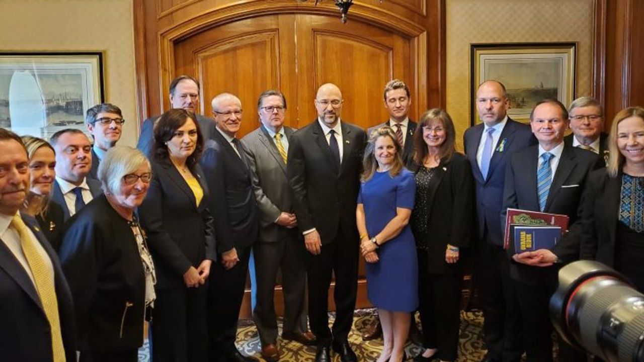 Under Liberal and Conservative governments alike, the Ukrainian Canadian Congress (UCC) has long had ready access to the corridors of power. Here Canadian Deputy Prime Minister Chrystia Freeland and Ukrainian Prime Minister Denys Shmyhal pose with a delegation of UCC leaders after meeting with them April 11, 2023. [Photo: UCC]
