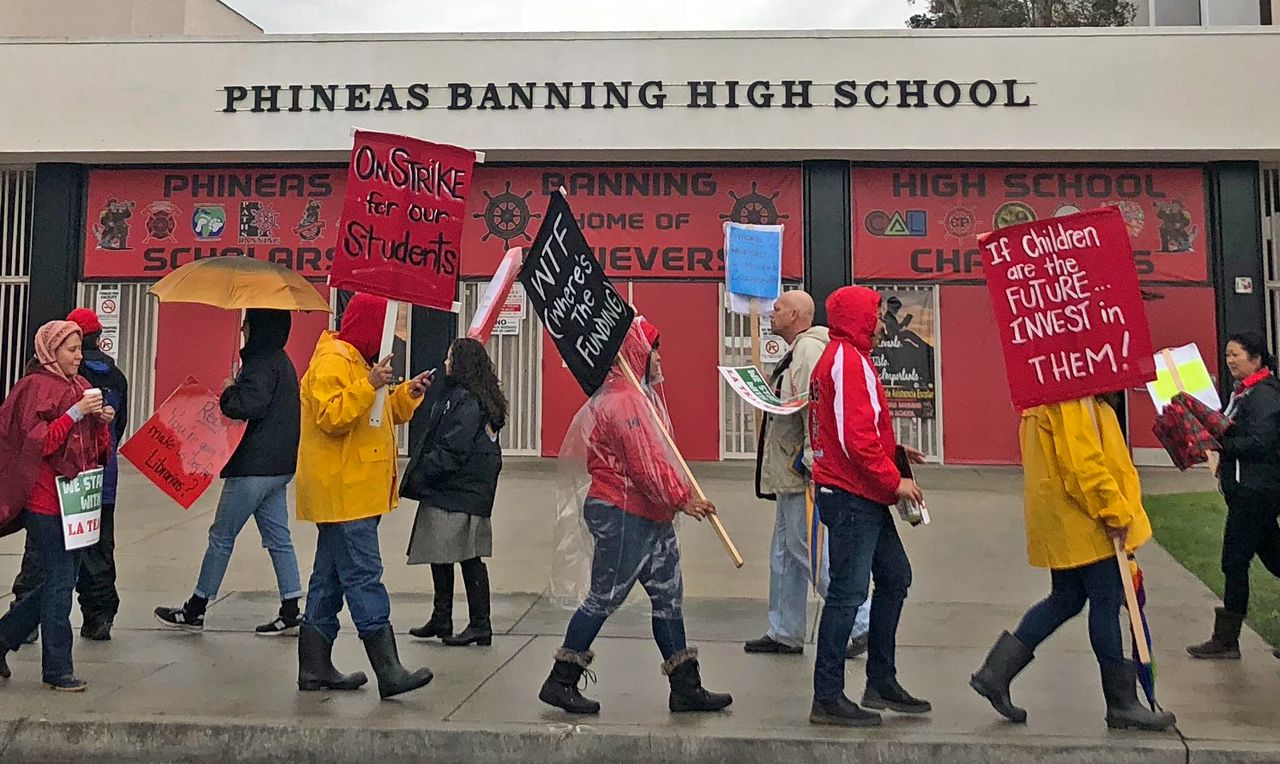 Teachers picket at Phinneas Banning High School, Los Angeles, USA