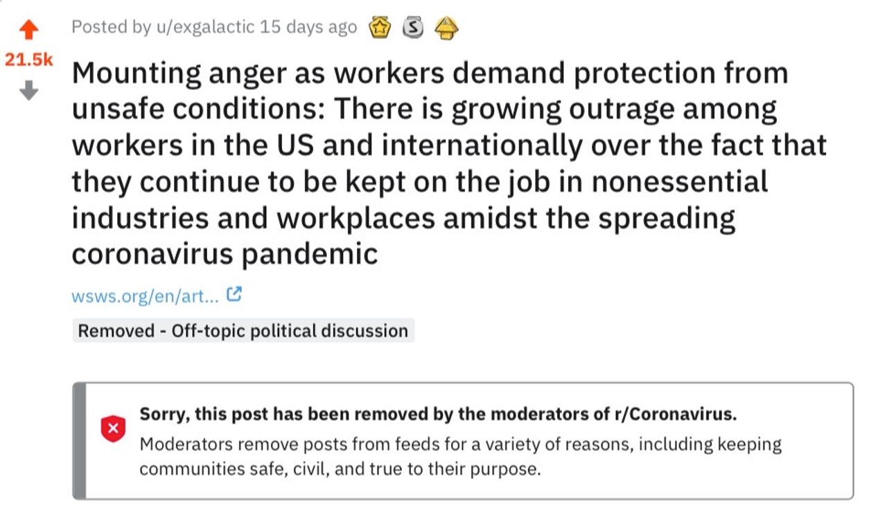 Message noting that a popular posting of a WSWS article had been removed by the moderators of r/coronavirus