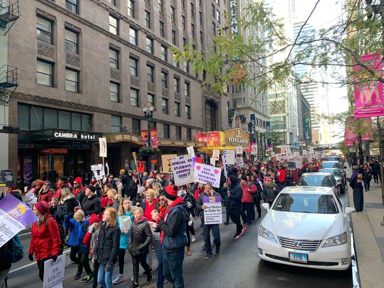 Striking teachers marching in downtown Chicago, USA