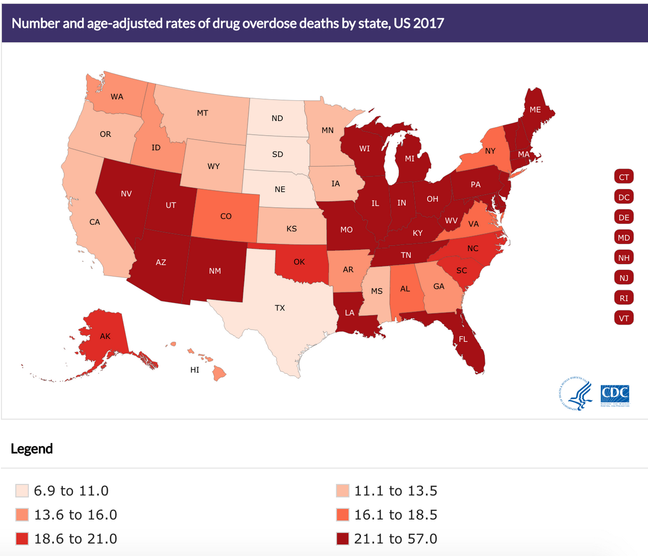 Rates of drug overdose deaths by state, US 2017. Source: CDC