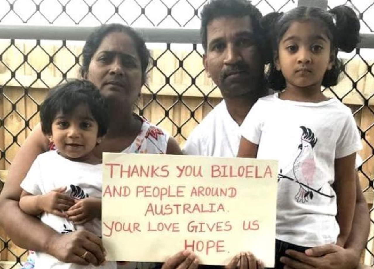 Sri Lankan refugee family thanking supporters in Biloela, Australia (Credit: @HometoBilo)