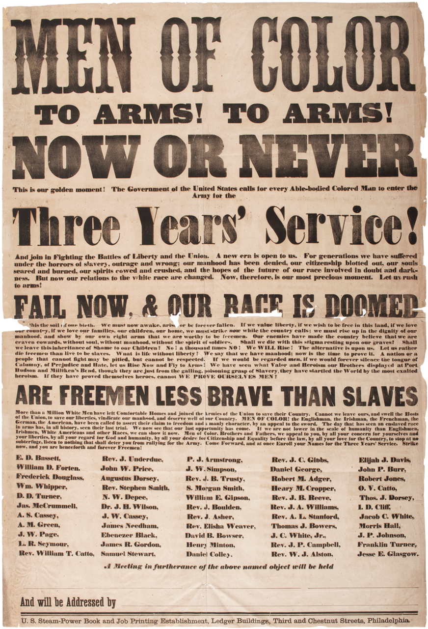 Civil War (1863) broadside listing Frederick Douglass as a speaker calling -men of color- to arms
