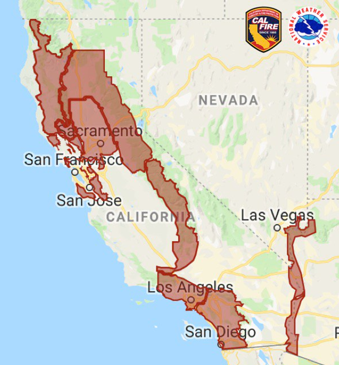 Red Flag fire warnings currently in effect in California