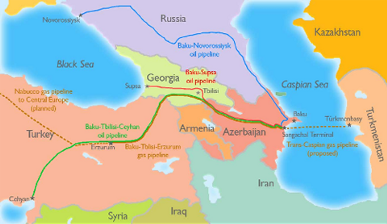 Map of the existing and planned oil and gas pipelines from Baku. Image: Thomas Blomberg (2008)