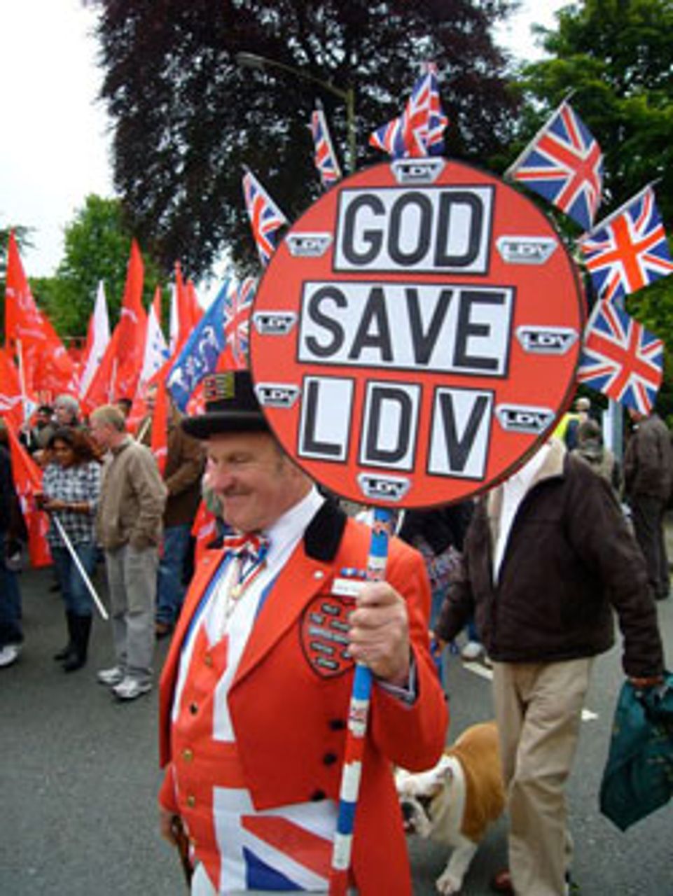 A protester dressed in the Union Jack