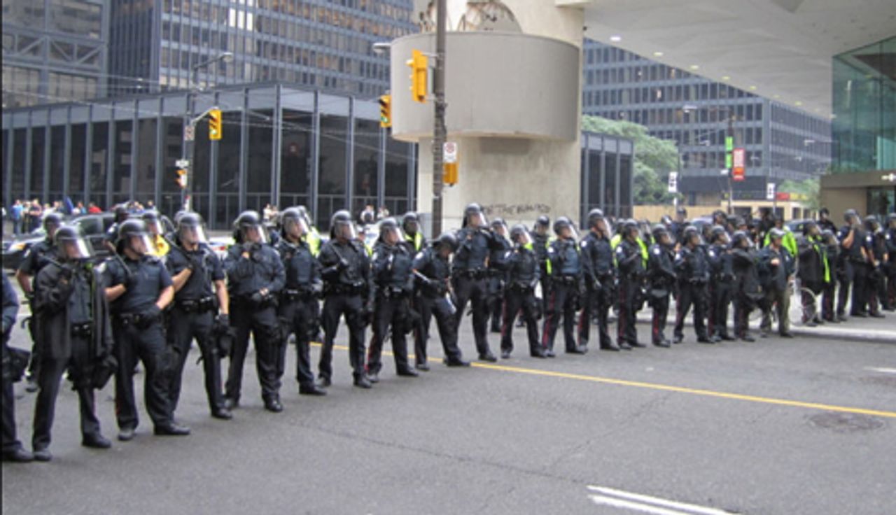 Police block demonstrators