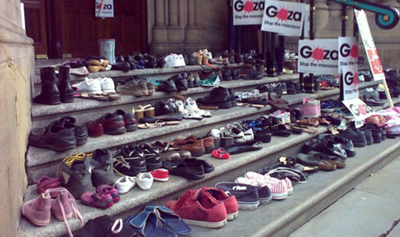 Shoes on Manchester town hall steps